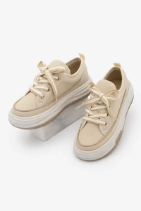 Kadın Yüksek Taban Sneaker Keten Kumaş Bağcıklı Spor Ayakkabı Hesna Bej